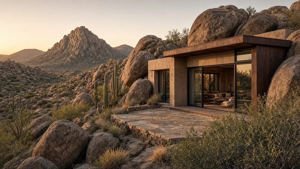 High Sonoran desert home among giant granite boulders with black-framed windows and a sliding door to a stone terrace
